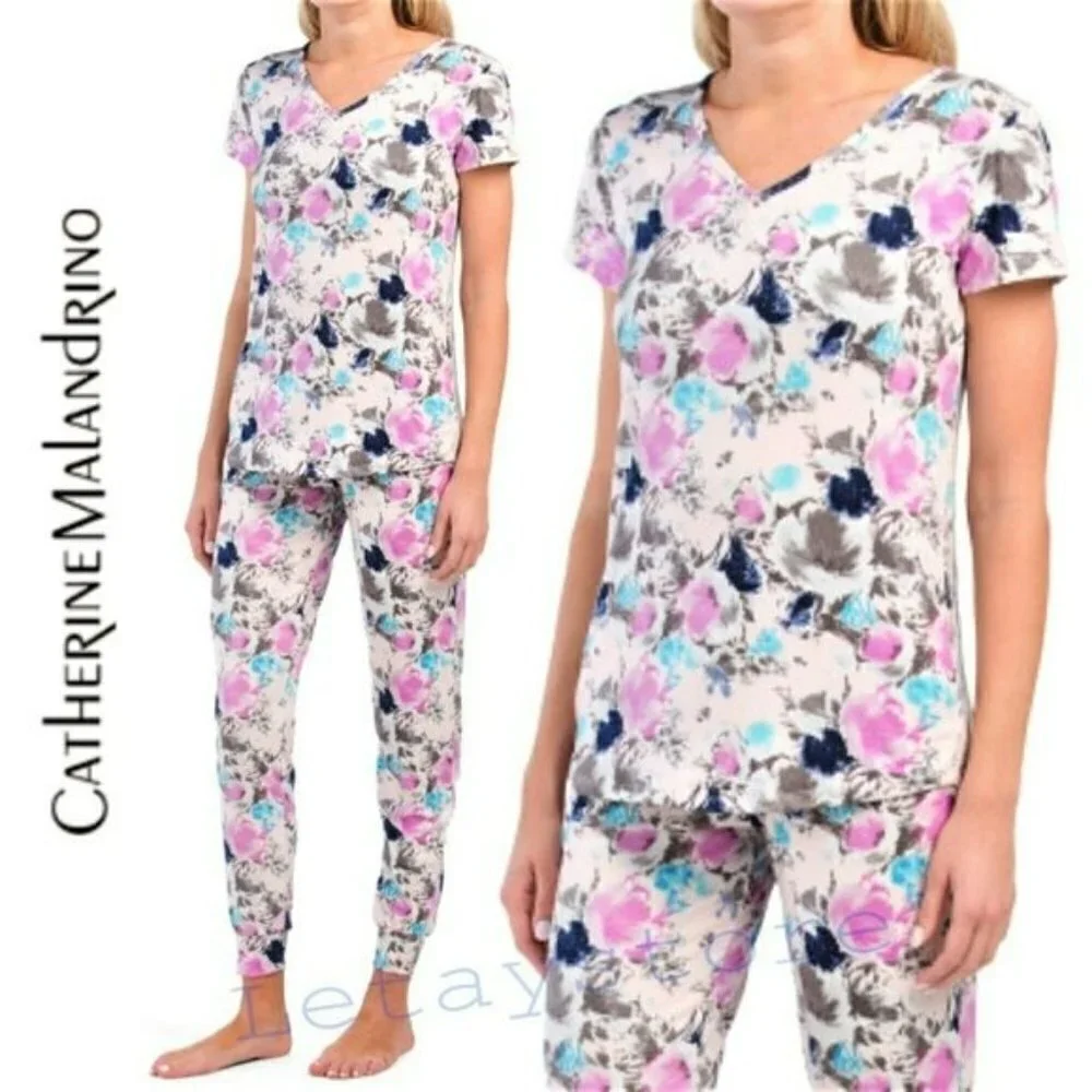 NWT CATHERINE MALANDRINO Ultra Soft Floral V-neck Joggers Pj Set